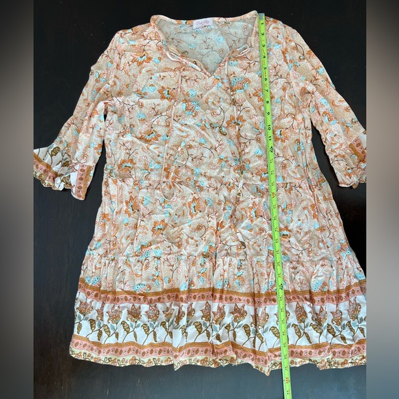 Pink Lily Floral Boho Dress Peach Paisley Peasant Hippie Flowy Cottagecore Sz M - Picture 16 of 16